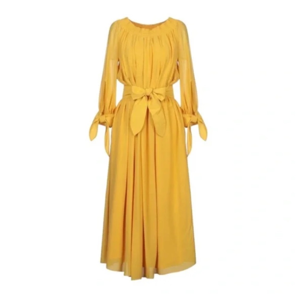 Derek Lam Women's Silk Georgette Off-the-Shoulder Belted Yellow Dress Size 4 - Picture 12 of 12